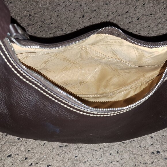 LONGCHAMP-Dark Brown Pebbled Leather Hobo/Baguette-Vintage-Logo Studs-Near Mint - Picture 11 of 13